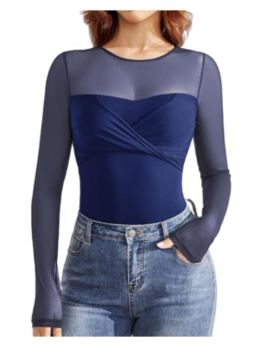 Long Sleeve Crew Neck Twist Knot Bodysuit Sheer Mesh Shapewear Leotard Top